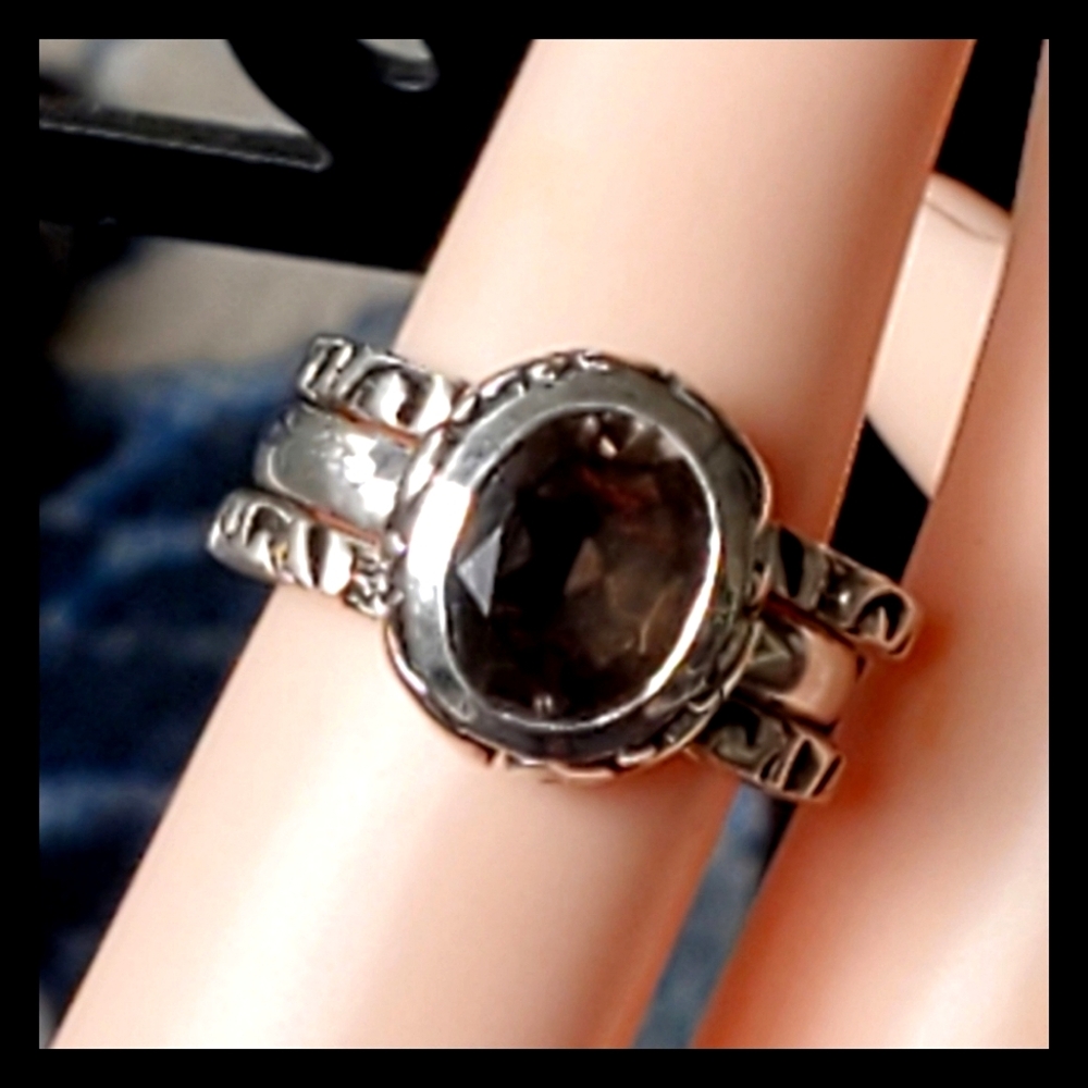 Silpada 925 Sterling Silver Scrolled Smoky Quartz Stack Ring Set R1384
